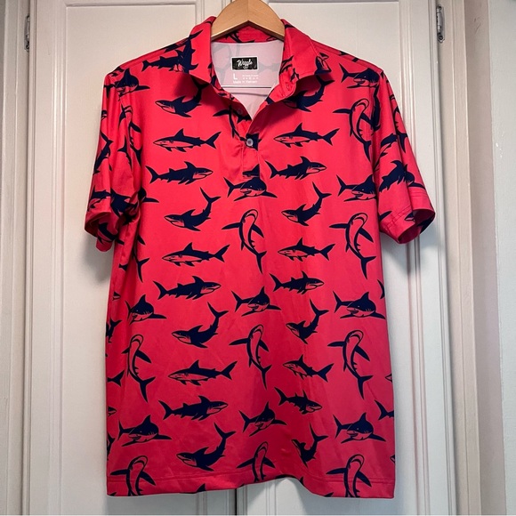 Waggle Golf Size Large Red Blue Golf Polo Stretch Sharks All Over Print Collar - Picture 2 of 5